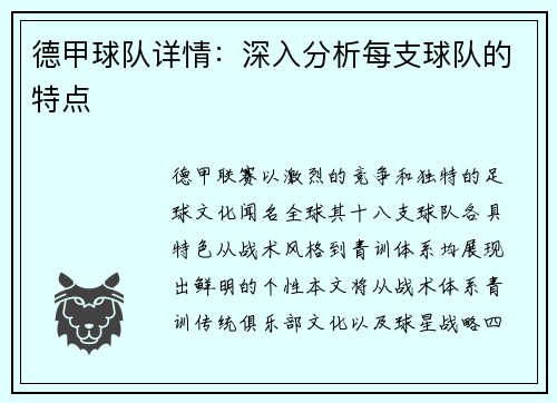 德甲球队详情：深入分析每支球队的特点